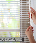 Hands installing a white shutter connector pin into window blinds, showcasing 20 Pack Window Blind Repair Sliders And Shutter Connector Pins With 3.25 Inch Center Spacing Heavy Duty Build For A Quick Fix And Hassle Free Operation.