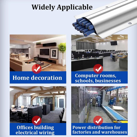 One Meter Long Stainless Steel Cable Raceway Twenty Pack Floor Cord Concealers Hider Protector System For Home Office School Decor Mess Free Cable Management Kit To Hide Cables And Prevent Trips showing various applications in homes, offices, and factories.