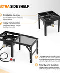 Single Burner Propane Stove With Foldable Side Shelf And 75000 BTU Heat, Portable Gas Stove details with foldable shelf.