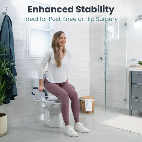 Adjustable Toilet Safety Rails For Seniors, Heavy Duty Bathroom Grab Bars with Handles, woman using for stability.