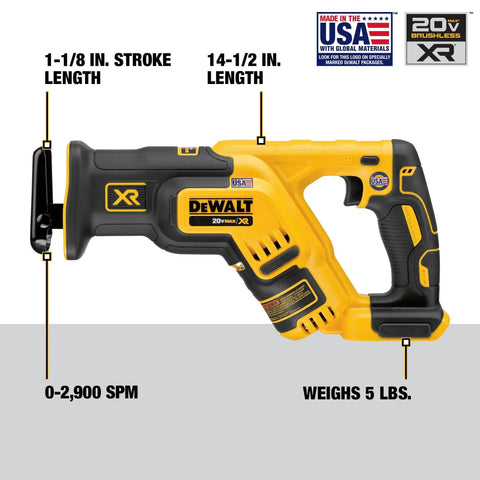 20V Max XR Cordless Reciprocating Saw Brushless Compact Design with 2.5x More Runtime showcasing dimensions and features