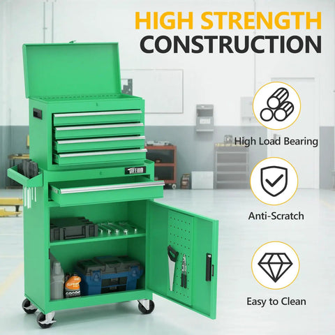 Heavy Duty Rolling Tool Chest With Lockable Swivel Wheels And Easy Pop Off Detachable Top Featuring Five Knockout Drawers Plus Adjustable Shelf, green with open drawers, in a workshop setting.