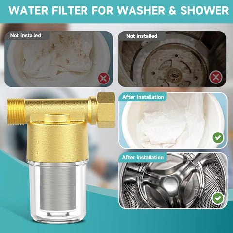 Diagram showing impact of Heavy Duty Copper Water Filter For Washing Machines And Showers, 40 Micron Impurity Filtration on appliances.