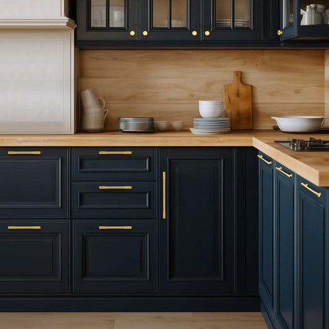 20 Pack Built Tough Brushed Brass Gold Kitchen Cabinet Pulls 5 Inch Heavy Duty Drawer Handles showcased on navy cabinets.