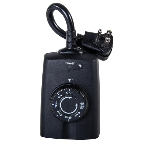 Make Your Porch Lights Run Smooth With This Beefy Outdoor Plug In Timer Using Natural Light Sensors For Auto Day Night Cycling Zero Headache Landscape And Holiday Setup 15 Amp, black timer with power switch and dial.
