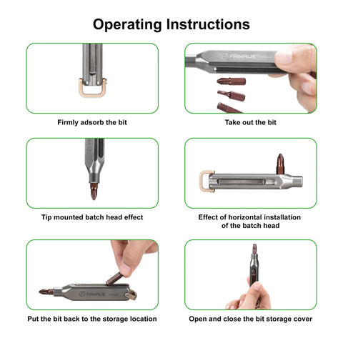 Slick Titanium Pocket Screwdriver Featuring Ten Versatile Bit Sizes Magnetic Repair Multitool And Precision EDC Gear Gotta Have Home Improvement Kit For Pro Level Quick Fixes On The Fly operating instructions with various bit placements.