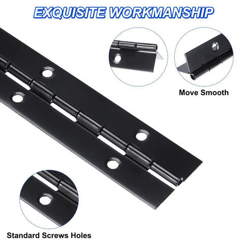 Close-up view of 48 Inch Piano Hinge Stainless Steel Continuous Door Hardware Black Coated with pre-drilled holes.