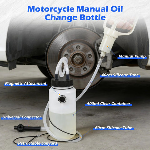 Front view of BELEY motorcycle brake bleeder kit with 1L clear bottle and manual pump.