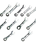 Professional Short Handle Ratchet Wrench Set Metric Socket Drivers 72 Tooth Drive polished steel wrenches in various sizes.