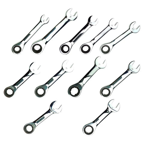 Professional Short Handle Ratchet Wrench Set Metric Socket Drivers 72 Tooth Drive polished steel wrenches in various sizes.
