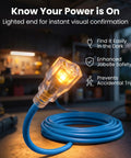 Lighted end of the Rock Solid 100 Foot 14 Gauge Extension Cord 14/3 SJEOW Heavy Duty Outdoor Power Cable. Visual power confirmation.