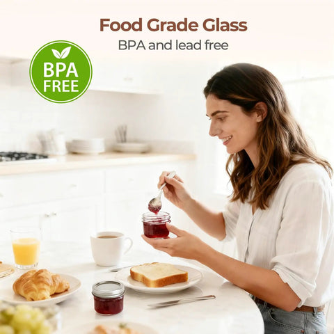 Woman using Pretty Dang Awesome Mini Mason Jars 8 Pack Regular Mouth Glass Containers With Tight Screw Top Lids for jam.
