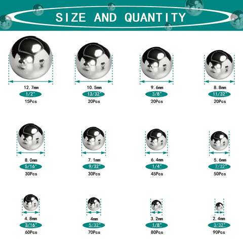 Image showing size chart for Assorted Full-Size Precision Steel Balls Set With Storage Box For Bicycle And Machinery, 12 standard sizes.