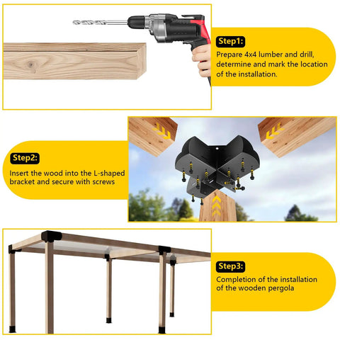 Four Way Right Angle Pergola Brackets For 4x4 Wood Beams With Hardware, Heavy Duty 14GA Steel, Matte Black Finish, Weather Resistant Outdoor DIY Woodwork For Gazebos, Hammocks, Patios, Cabins, 4 Pack