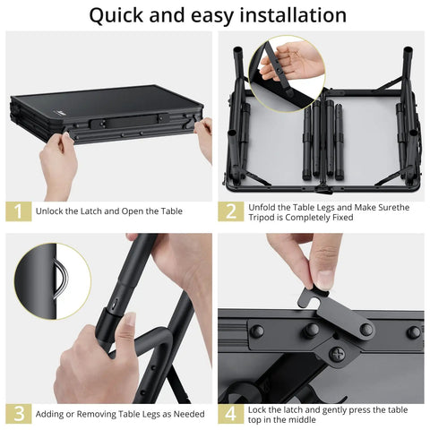 Steps to set up Foldable Camping Table With Storage Net Grab-And-Go Lightweight Aluminum Outdoor Table, adjustable height shown.