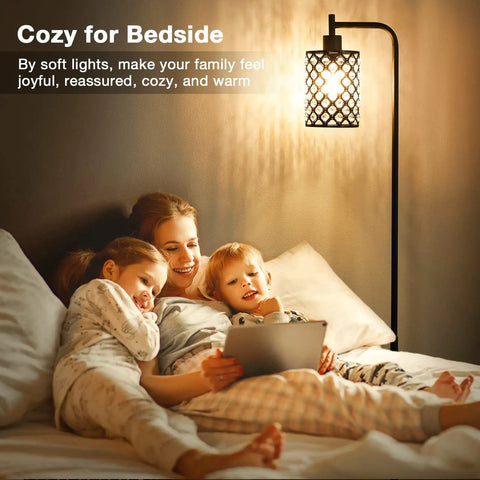 Cozy family reading under Crystal Floor Lamp With On Off Foot Switch, Tall Modern Standing Lamp For Living Room, Bedroom, Office, Classroom Or Dorm, 6W LED Bulb Included, Warm 3000K Crystal Lampshade, Lit Yet Classy Accent Lighting