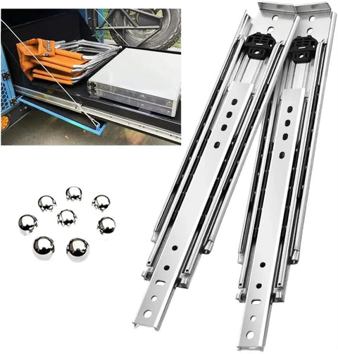 Rock Solid Heavy Duty Full Extension Drawer Slides 50 Inch Side Mount Cabinet Runners with accessories for easy installation.
