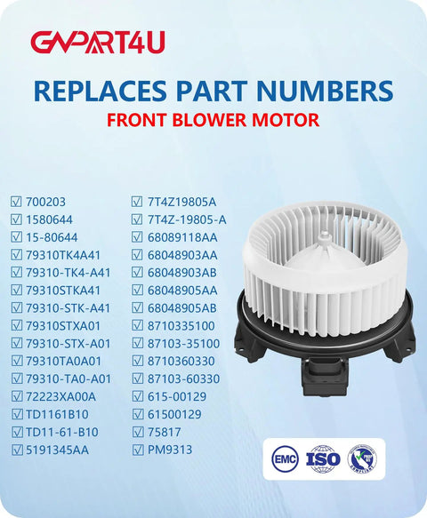 Front HVAC Blower Motor For 2009-2018 Dodge Ram 1500 2500 3500 Bolt-On Heavy Duty Replacement Fan Assembly with part numbers.