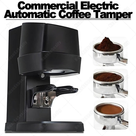 Heavy Duty Automatic Coffee Tamper With Adjustable Pressure Dial For Home Baristas And Specialty Shops showing sleek black design and espresso basket.