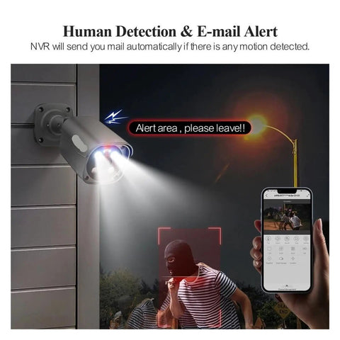 Heavy Duty 8MP 4K PoE Security Camera Kit detects motion, alerts on mobile, showcasing night vision capabilities.