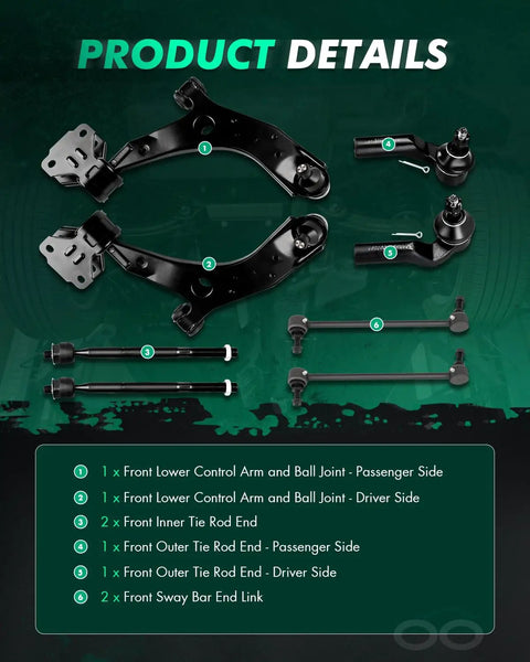 Heavy Duty 8 Piece Front Suspension Kit With Lower Control Arms And Ball Joints For 2010 2011 2012 2013 Mazda 3 Rig Smooth Ride Replacement Setup parts layout.