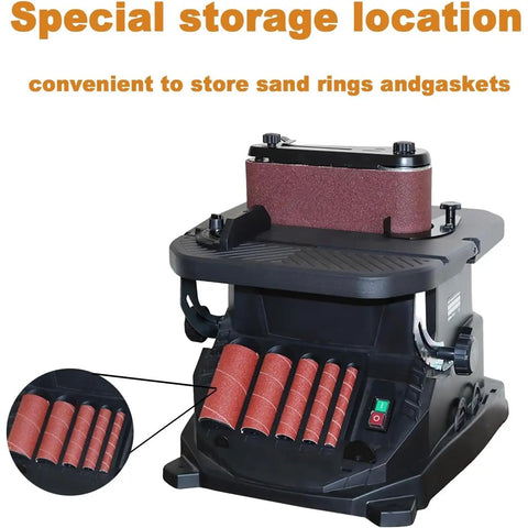 450W Electric Oscillating Spindle Sander And Belt Sander Combo With Five Heavy Duty Sanding Sleeves showing storage for sand rings.