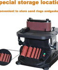 Beast Mode Vertical Oscillating Spindle And Belt Sander Combo For Woodworking Shops With Tilting Table and assorted sanding sleeves in storage.