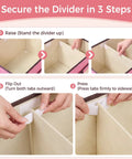 Steps to secure the divider in No Hassle Straight Up Foldable Fabric Storage Bins With Tough Lids And Transparent Panels.