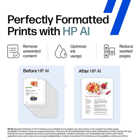 Infographic showing optimized printing results with HP AI, demonstrating reduced waste and improved ink usage compared to before.