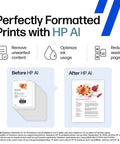 OfficeJet Pro 8125e Wireless All In One Color Inkjet Printer AI-enabled prints comparison before and after in graphic.