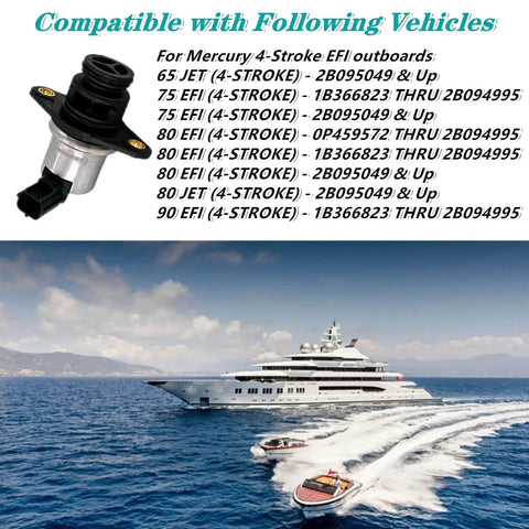 Top Shelf Idle Air Control Valve Compatible With Mercury Sixty Five To One Fifty Hp Four Stroke Outboard Motor showing compatibility details.