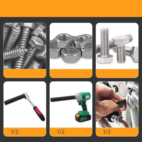 Knockout Heavy Duty Impact Sockets One Half Inch Drive 200mm Long Deep Hex Sockets For Electric Wrenches shown with bolts and nuts.