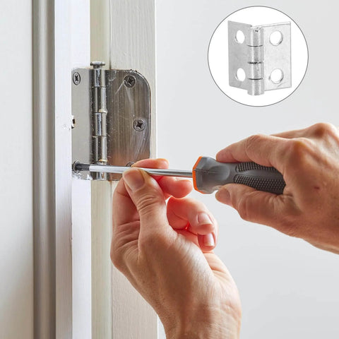 Person installing Miniature Decorative Box Hinges Set 100 Pcs Silver 8x10mm With Nails on white wooden cabinet using a screwdriver.