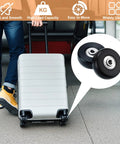 Person pulling suitcase with Set Of 8 Luggage Replacement Wheels With 50mm Rubber Swivel Casters For Suitcases And Travel Trolleys.