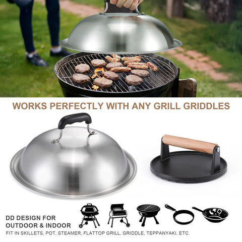 7 Inch Cast Iron Smash Burger Press Kit With 12.5 Inch Heavy Duty Griddle Dome And Patty Papers For Hamburger Bacon And Steak On Flat Top Griddles, Perfect For Home Backyard BBQs And Restaurant Quality Smash Burgers, shown in grilling setup