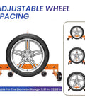 Adjustable Heavy Duty Tire Dolly And Wheel Lifter Built Like A Tank With Rust Resistant Finish and smooth rolling casters in use.
