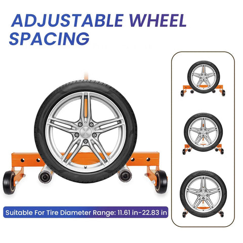 Adjustable Heavy Duty Tire Dolly And Wheel Lifter Built Like A Tank With Rust Resistant Finish and smooth rolling casters in use.