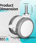 Lockable Stem Caster Wheels Set Of Four, 2 Inch Nylon Threaded Swivel Casters With Five Sixteenth Inch Stems, 8mm Diameter And M8 Thread, Replacement For Standing Desks, Each Wheel Load Capacity 100 Lbs, White.