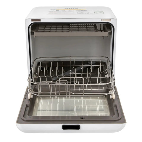 Portable Countertop Mini Dishwasher Featuring Four Quick Wash Cycles And Slick High Heat Sanitizing Plus Seamless Air Dry, open with basket.
