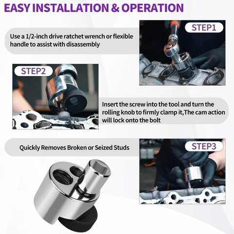 Stud remover and bolt extractor tool with knurled roller and cam lock; step-by-step installation infographic.