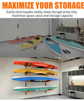 Wall Mounted Kayak Storage Rack For Indoor Outdoor Spaces Boasts Heavy Duty Steel Construction With Powder Coated Finish That Holds Two Watercraft Without Breaking A Sweat, showcasing kayaks neatly stored on wall rack.
