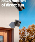 Solar Panel Security Accessory For Outdoor 4 And Outdoor 2K Plus Battery Cameras installed on house exterior