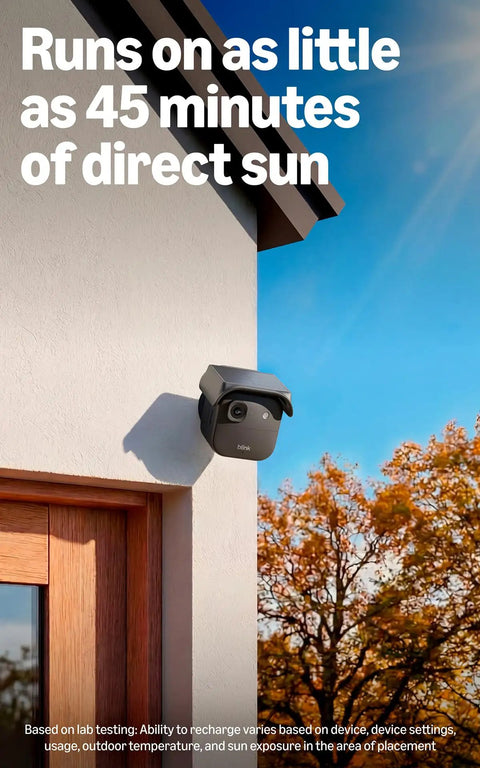 Solar Panel Security Accessory For Outdoor 4 And Outdoor 2K Plus Battery Cameras installed on house exterior