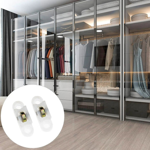 Glides Like Butter Nylon Sliding Door Pulleys Smooth Quiet Cabinet Guide Rollers for wardrobes, shown with modern closet.