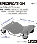 Specifications of Heavy Duty Set Of 4 Auto Wheel Dollies With Six Thousand Pound Capacity Powder Coated Steel showing measurements in silver.
