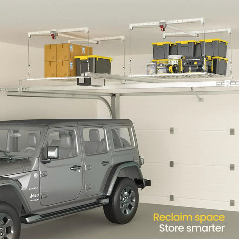 No Sweat Overhead Garage Storage Rack Straight Up Heavy Duty Ladder Free Ceiling Lift Tray For 8 To 10 Ft Ceilings with bins in garage.