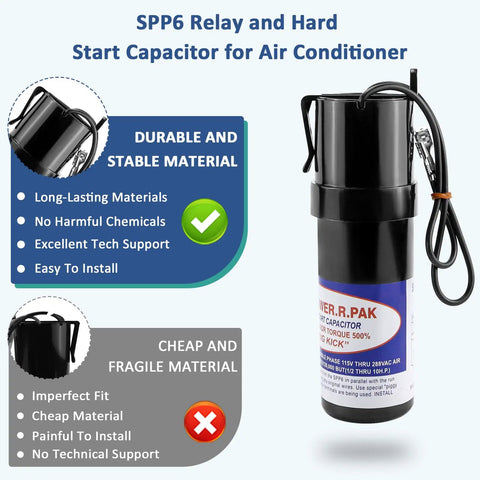 SPP6 Hard Start Kit For Air Conditioner, relay and capacitor in black, designed for reliable compressor power.