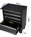 Heavy Duty Rolling Tool Chest With Four Top Shelf Drawers And Secure Locking Mechanism Rock Tough Steel Shop Organizer For Garage Crew Pro Grade Mechanics Storage Black dimensions 24.2x29.9 inch