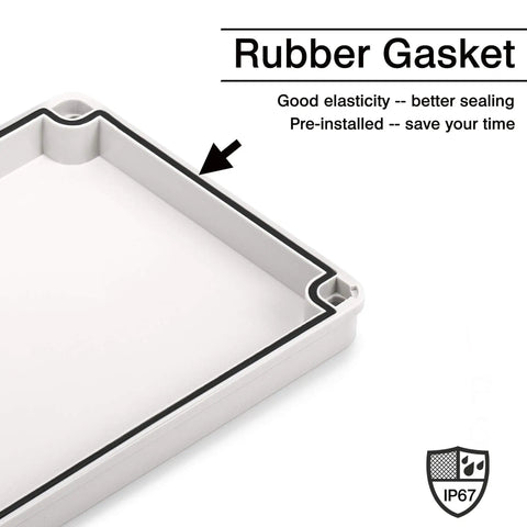 Corner detail of Outdoor Junction Box IP67 Waterproof Project Box Made From Durable ABS Plastic Weatherproof Electrical Enclosure With Gray Cover And Mounting Plate For Easy Install No Fuss Outdoor Electrical Projects showing rubber gasket for sealing.