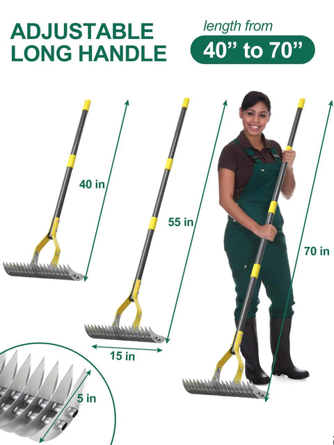 2-In-1 Dethatching Rake With Adjustable Head And 19 Tooth Heavy Duty Metal Tines For Deep Thatch Penetration, Moss Removal